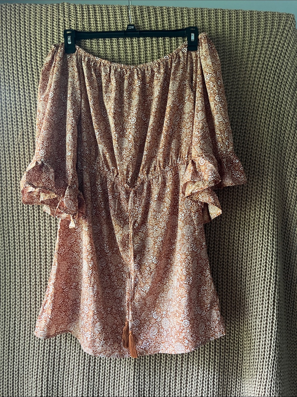 Blush Rust Paisley Off-Shoulder Midi Dress with Tassel Tie